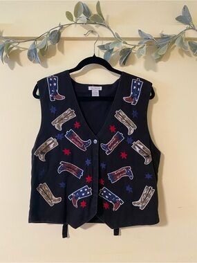 Vintage Americana Cowboy Boot Embroidered Vest